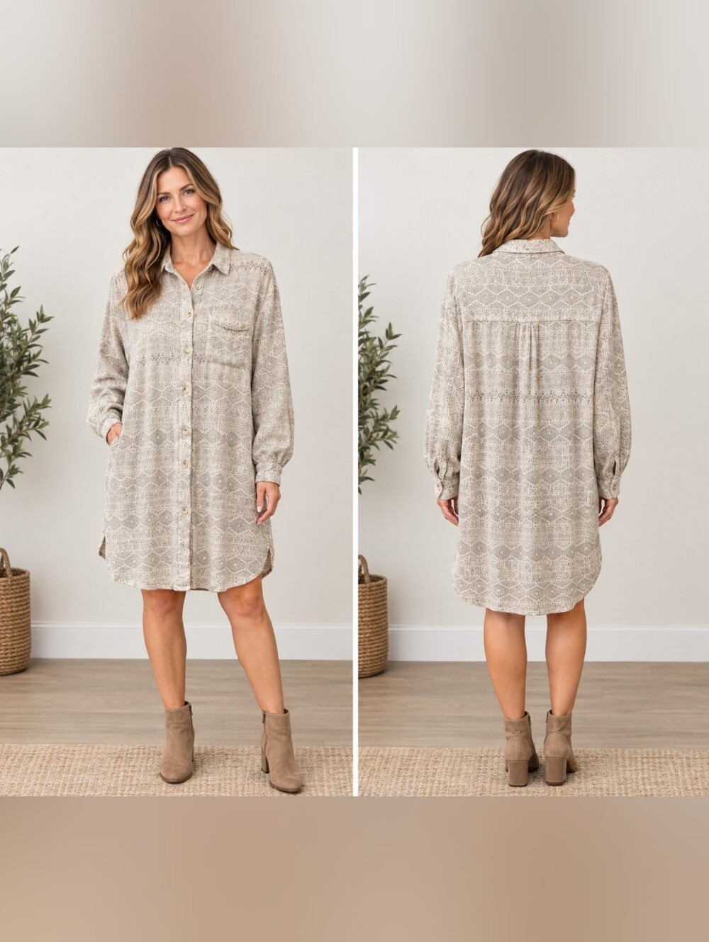 VICI Beige Patterned Button-Front Midi Shirt Dress